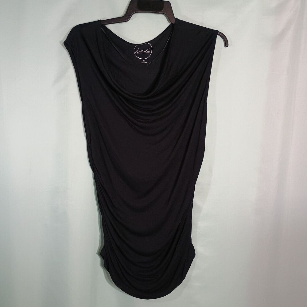 INC Black Draped Sleeveless Top Womens Ruched Side Cowl Neck Tunic Blouse